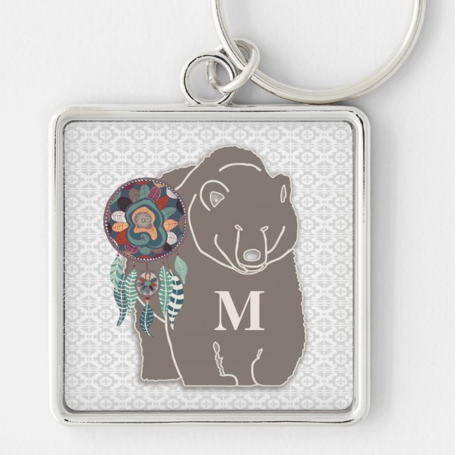 Monogram with Bear in Brown Native American Theme Keychain (Front)