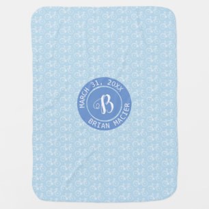 monogram with bicycles, baby boy blue stroller blanket