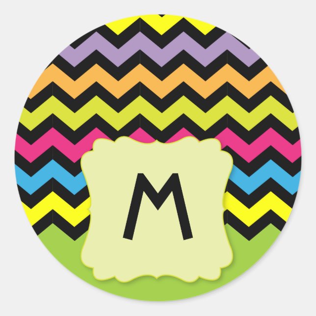 Monogram with Black Chevrons & bright colors Classic Round Sticker (Front)