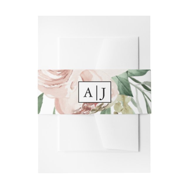 Monogram with Blush Floral Wedding Invitation Belly Band (Front Example)