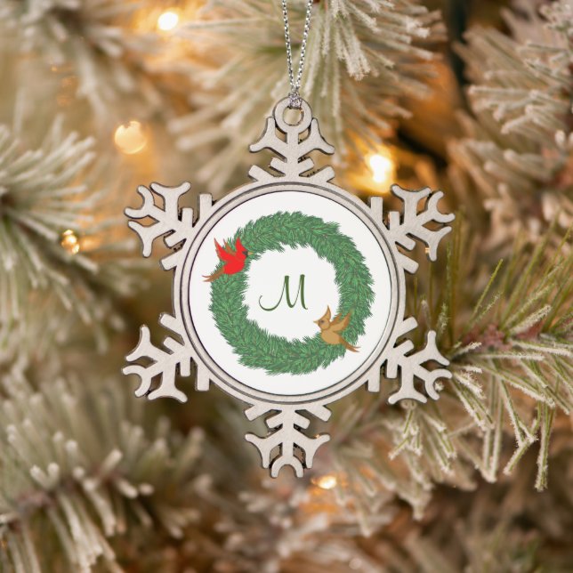 Monogram with Cardinals in Evergreen Wreath Snowflake Pewter Christmas Ornament (Tree)
