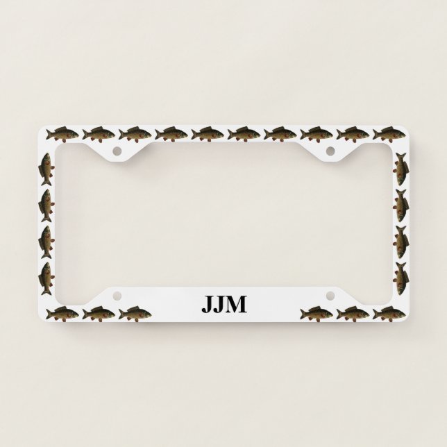 Monogram with Carp Fish on White License Plate Frame (Front)