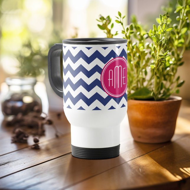 Monogram with Chevron Pattern - Navy Magenta Travel Mug (Personalized travel mug - add photos and text or customize completely)