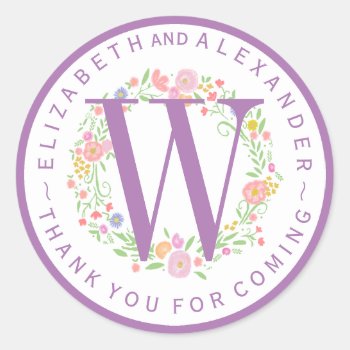 Monogram With Circular Text Floral Wreath Wedding Classic Round Sticker by hungaricanprincess at Zazzle