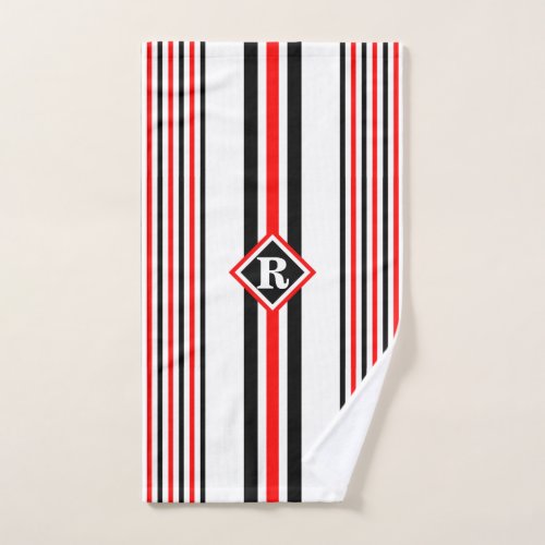 Monogram with Classic Red White and Black Stripes Hand Towel