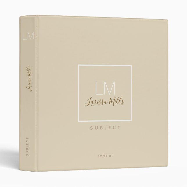 monogram with custom subject, beige 3 ring binder (Front/Spine)