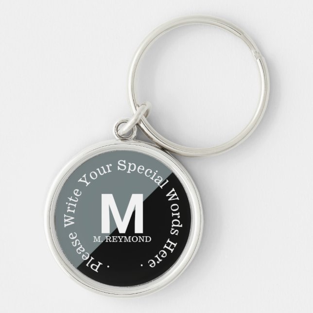 monogram with custom text on black & gray keychain (Front)