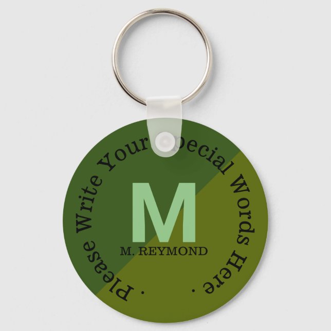 monogram with custom text on two tone green keychain (Front)