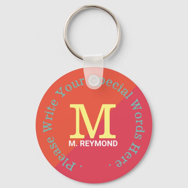 monogram with custom text on two tone reddish keychain (Front)