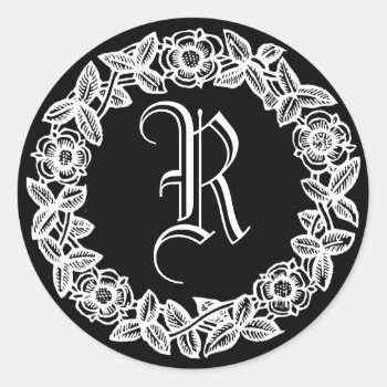 Monogram With Floral Border Classic Round Sticker by TimeEchoArt at Zazzle