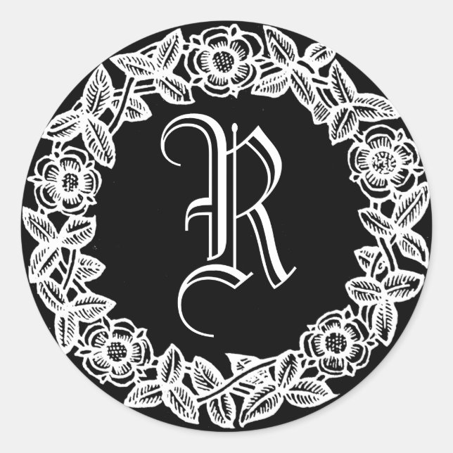 Monogram with Floral Border Classic Round Sticker (Front)
