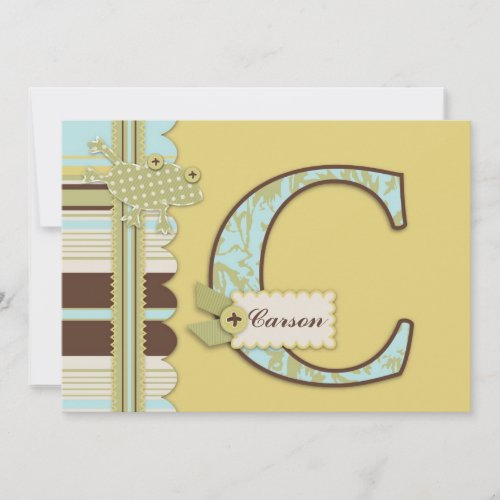 Monogram with Frog and Stripe Print Baby Shower Custom Announcement