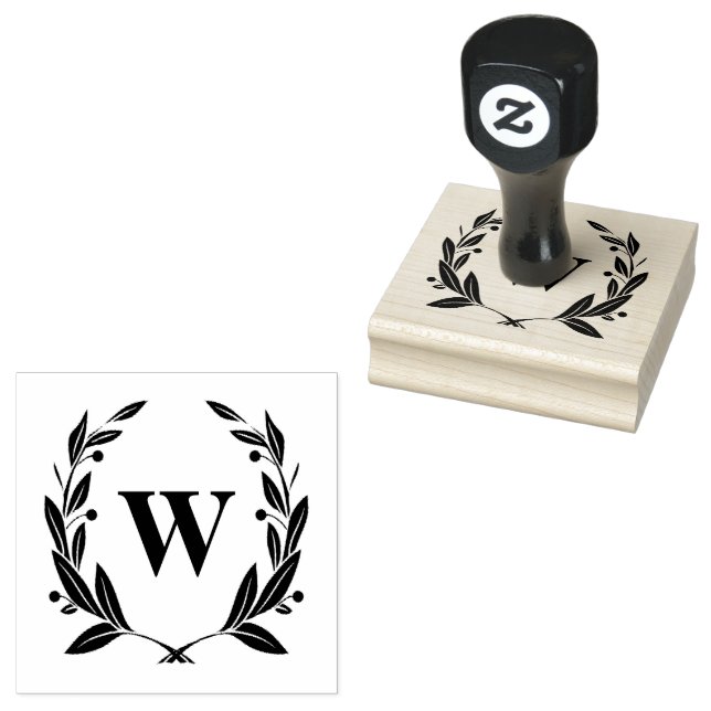 Monogram with Geometric Leaf Berries Wreath Rubber Stamp (Stamped)