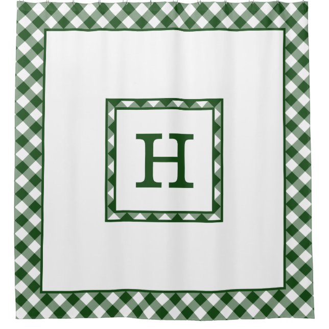 Monogram with Green White Buffalo Check Border Shower Curtain (Front)