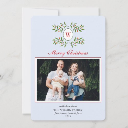 Monogram with Greenery Pale blue Photo Holiday Card