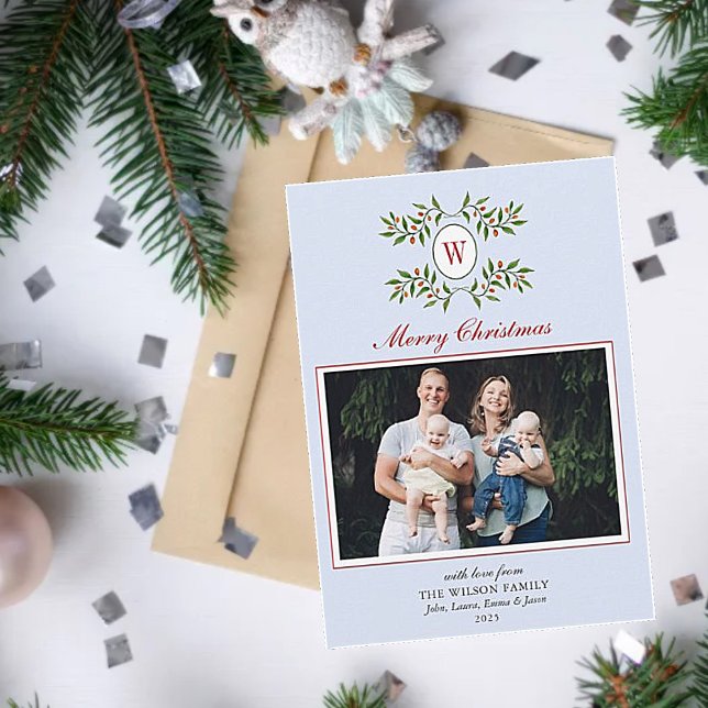 Monogram with Greenery Pale blue Photo Holiday Card (Creator Uploaded)