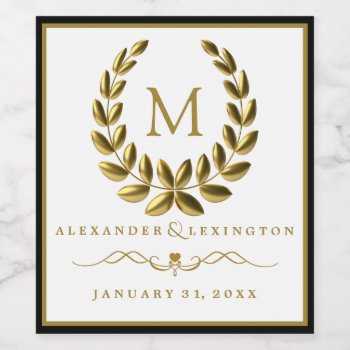 Monogram With Laurel Wreath Black And Gold Wedding Wine Label by hungaricanprincess at Zazzle
