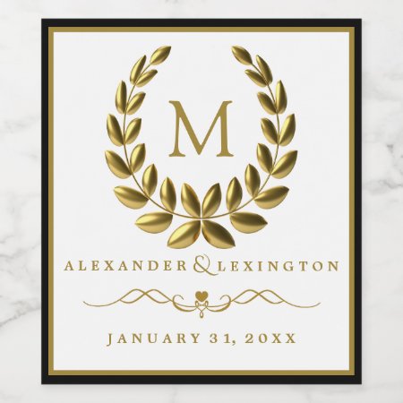 Monogram With Laurel Wreath Black And Gold Wedding Wine Label