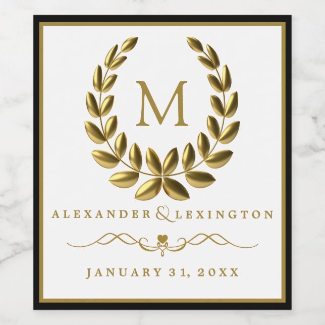 Monogram with Laurel Wreath Black and Gold Wedding Wine Label (Single Label)