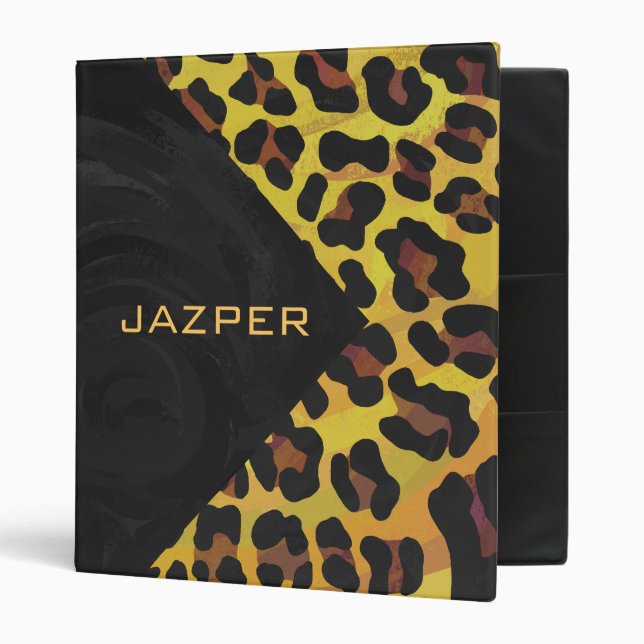 Monogram with Leopard Brown and Yellow 3 Ring Binder (Front/Inside)