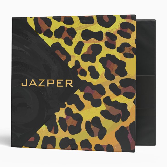 Monogram with Leopard Brown and Yellow 3 Ring Binder (Front/Inside)