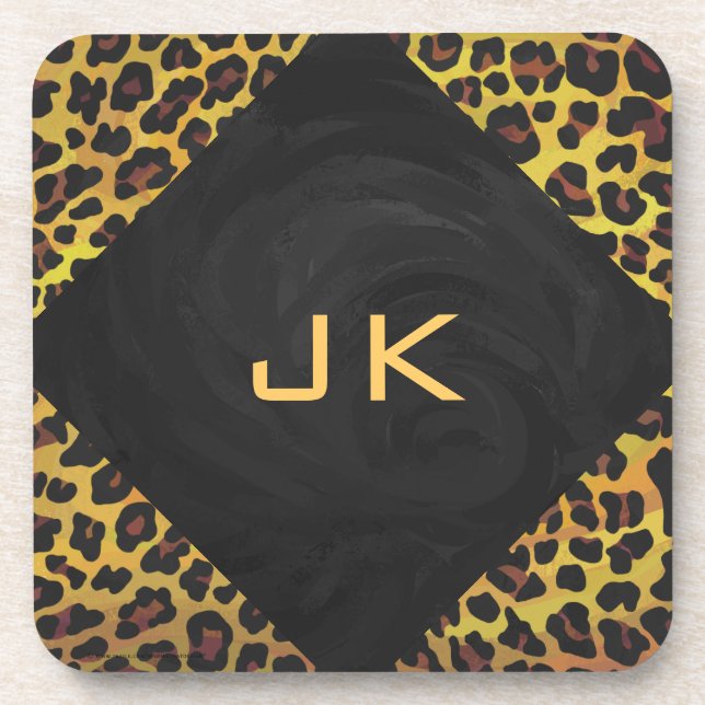 Monogram with Leopard Brown and Yellow Beverage Coaster (Front)