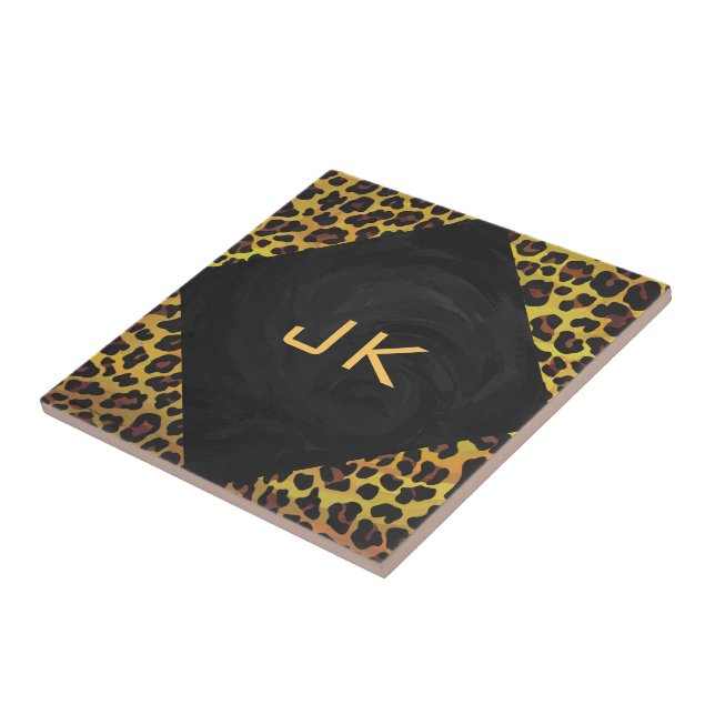 Monogram with Leopard Brown and Yellow Ceramic Tile (Side)