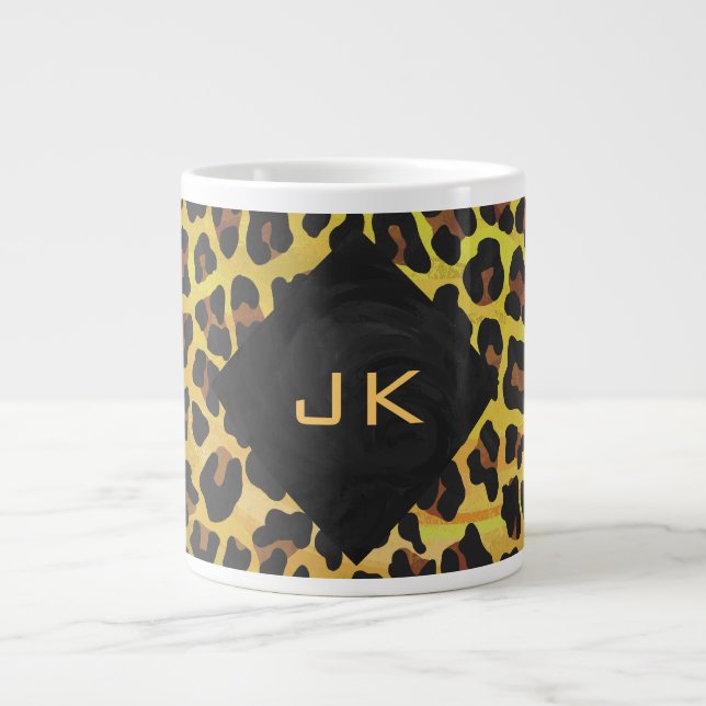 Monogram with Leopard Brown and Yellow Giant Coffee Mug (Front)