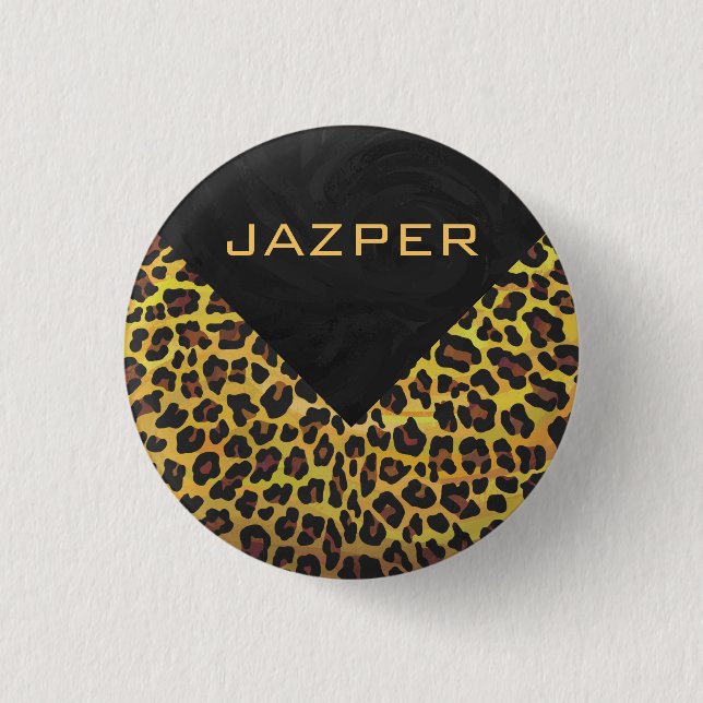 Monogram with Leopard Brown and Yellow Pinback Button (Front)