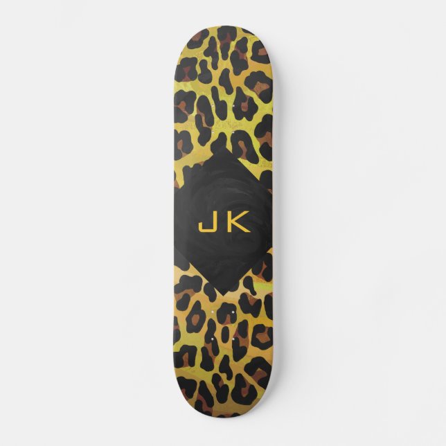 Monogram with Leopard Brown and Yellow Skateboard Deck (Front)