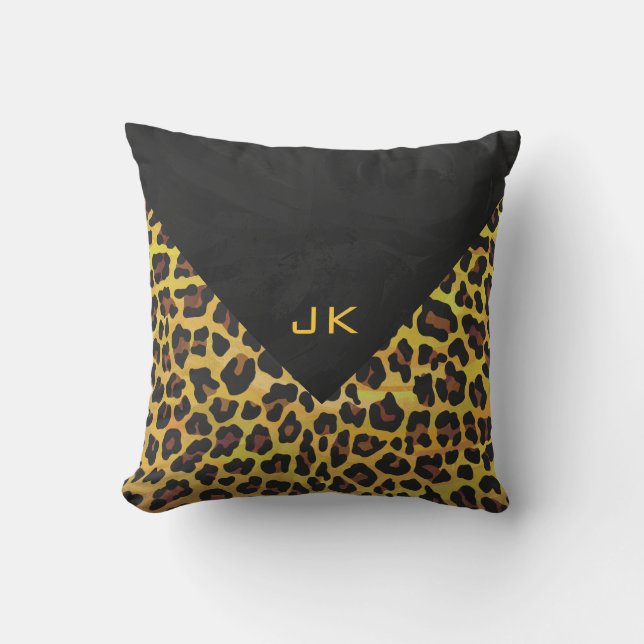 Monogram with Leopard Brown and Yellow Throw Pillow (Front)