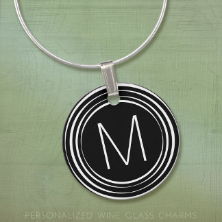 Monogram with Mod Stripe Border - Black and White Wine Charm