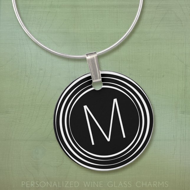 Monogram with Mod Stripe Border - Black and White Wine Charm (Custom Wine Glass Charm)