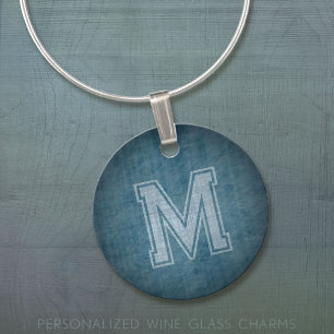 Monogram with Muddled Chalkboard Blue Background Wine Charm