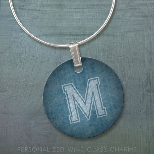 Monogram with Muddled Chalkboard Blue Background Wine Charm (Custom Wine Glass Charm)