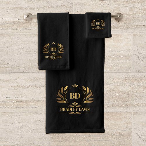 Monogram With Name Black Gold Elegant Bath Towel Set