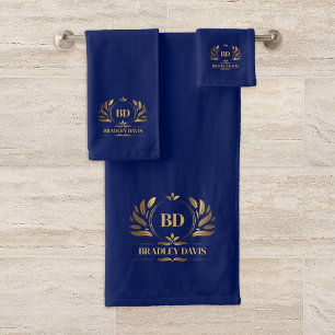 Monogram With Name Blue Gold Elegant Bath Towel Set