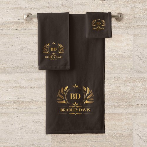 Monogram With Name Brown Gold Elegant Bath Towel Set