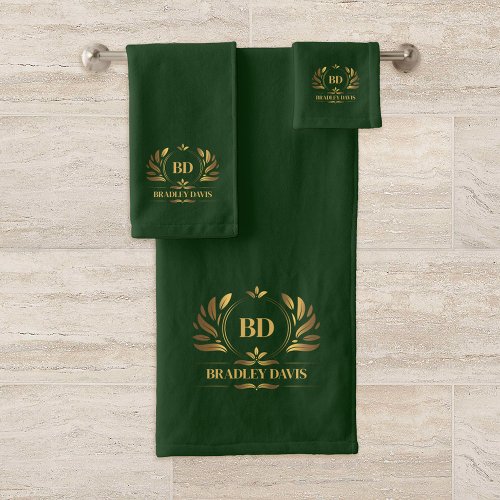 Monogram With Name Green Gold Elegant Bath Towel Set