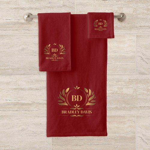 Monogram With Name Red Gold Elegant Bath Towel Set