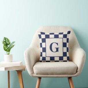 Monogram with Navy Cream Checkered Border Throw Pillow