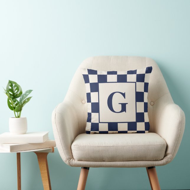 Monogram with Navy Cream Checkered Border Throw Pillow (Chair)