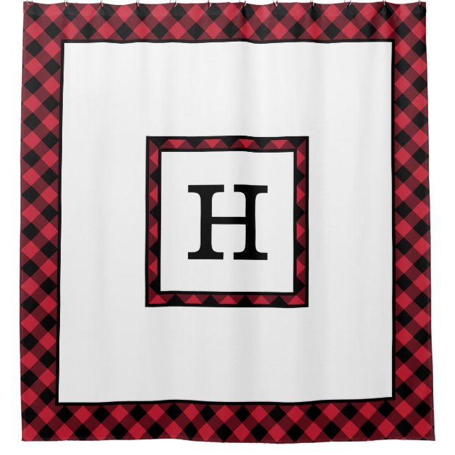 Monogram with Red Black Buffalo Check Border Shower Curtain (Front)