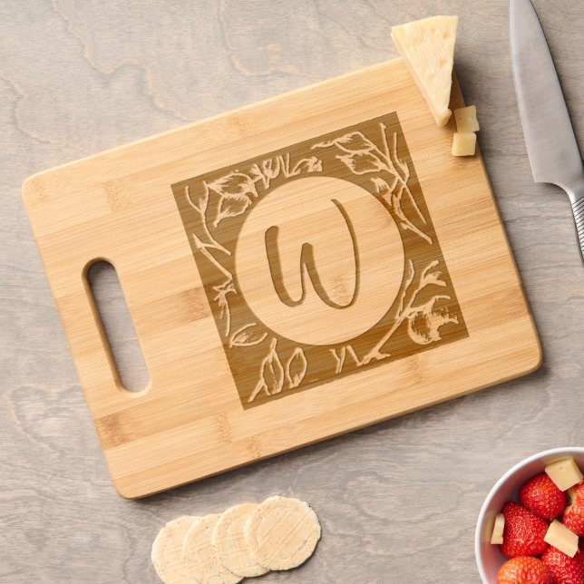 Monogram Within Circle on Inverted Leafy Bracnhes Engraved Cutting Board (Cheese)