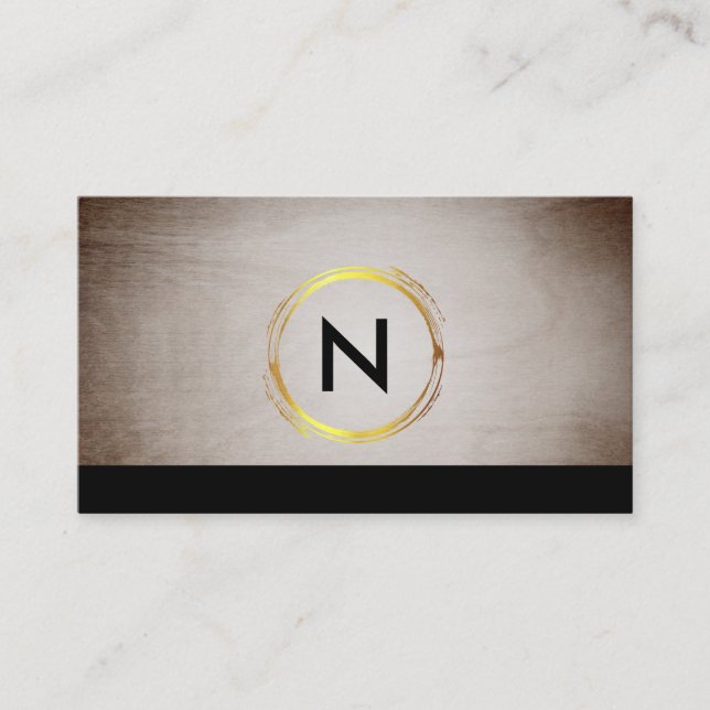 Monogram Wood Designer Black Business Card (Front)