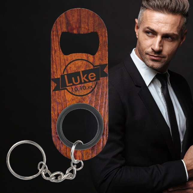 Monogram Wood Grain Photo Wedding Keychain Bottle Opener (Best Man or Groomsmen bridal party wedding favor. Monogrammed with name and date. )