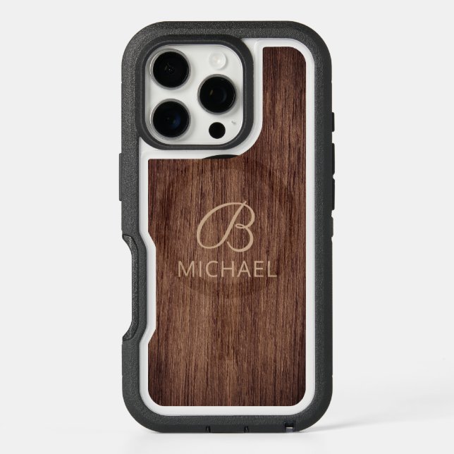 Monogram Wood Grain Timber Personalized Name Otterbox iPhone Case (Back)