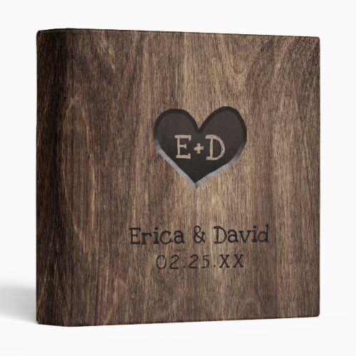 Monogram Wood Heart Rustic Wedding Album 3 Ring Binder