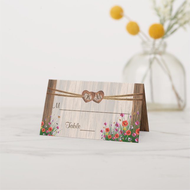 Monogram Wood Heart with Wildflowers | Place Cards (Back)