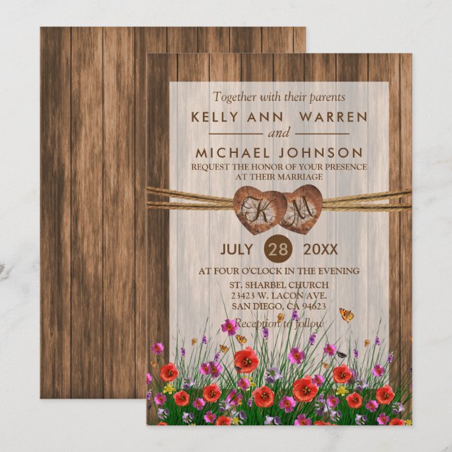 Monogram Wood Hearts with Beautiful Wildflowers Invitation (Front/Back)